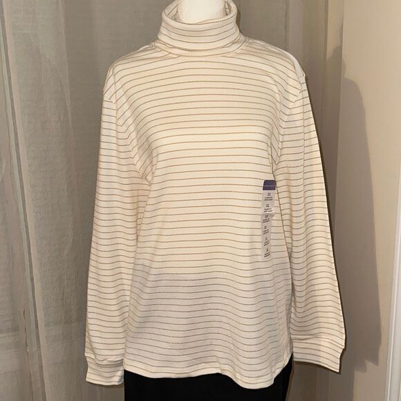 Laura Scott XL Classic Fit Ivory Gold Stripe Long Sleeve Cotton Turtleneck - Picture 1 of 10